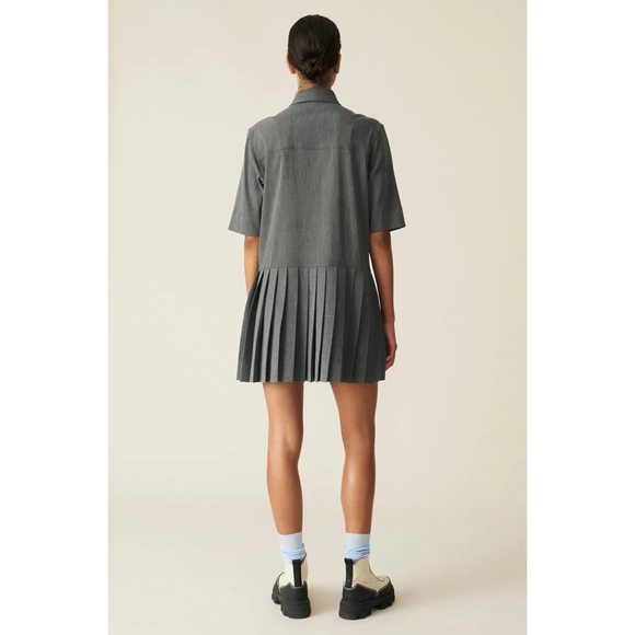 GANNI Grey Mélange Suiting Pleated Mini Shirt Dress Size 36 - Picture 5 of 14